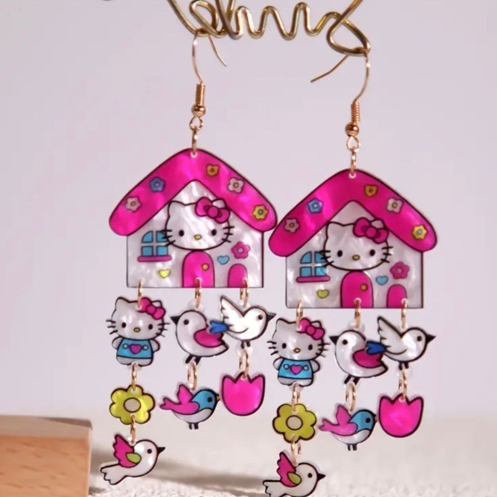 Hello Kitty Pink White Dangle Earrings